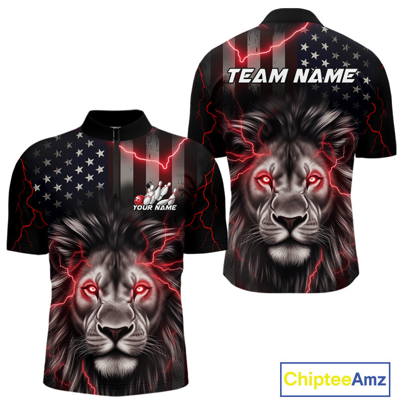 Custom Red Thunder Lightning Patriotic Lion Quarter-Zip Shirts For Men, US Flag Bowling Jerseys IPHW9322