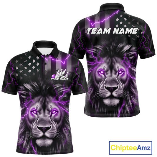 Custom Purple Thunder Lightning Patriotic Lion Polo Shirts For Men, US Flag Bowling Jerseys IPHW9324