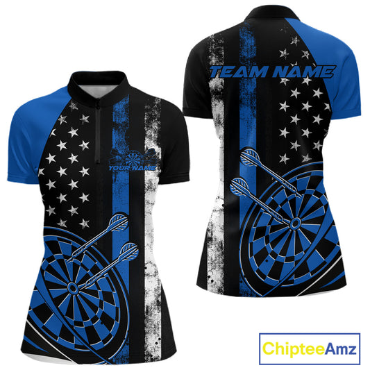 Custom Blue Thin Line US Flag Patriotic Dartboard Dart Women Quarter-Zip Team Shirts IPHW9645