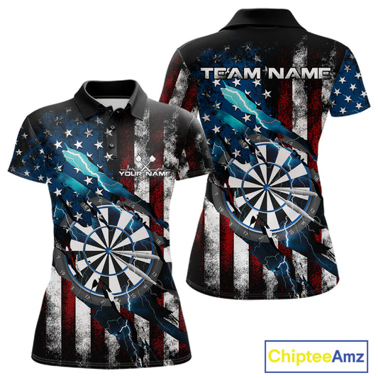 Custom Blue Thunder Lightning Patriotic Dart Women Polo Shirts, Vintage Dart Jerseys IPHW9651