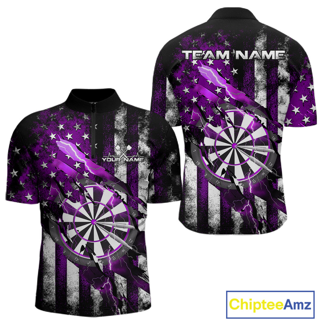 Custom Purple Thunder Lightning Patriotic Dart Men Quarter-Zip Shirts, Vintage Dart Jerseys IPHW9653