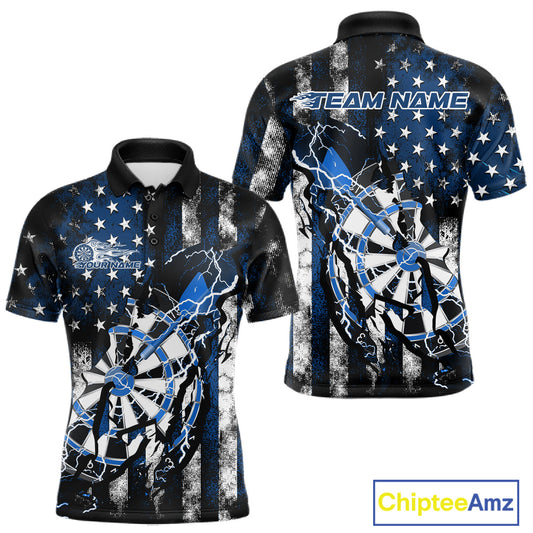 Custom Blue Thunder Lightning Patriotic Dart Team Polo Shirts For Men, Dart Jerseys IPHW9657