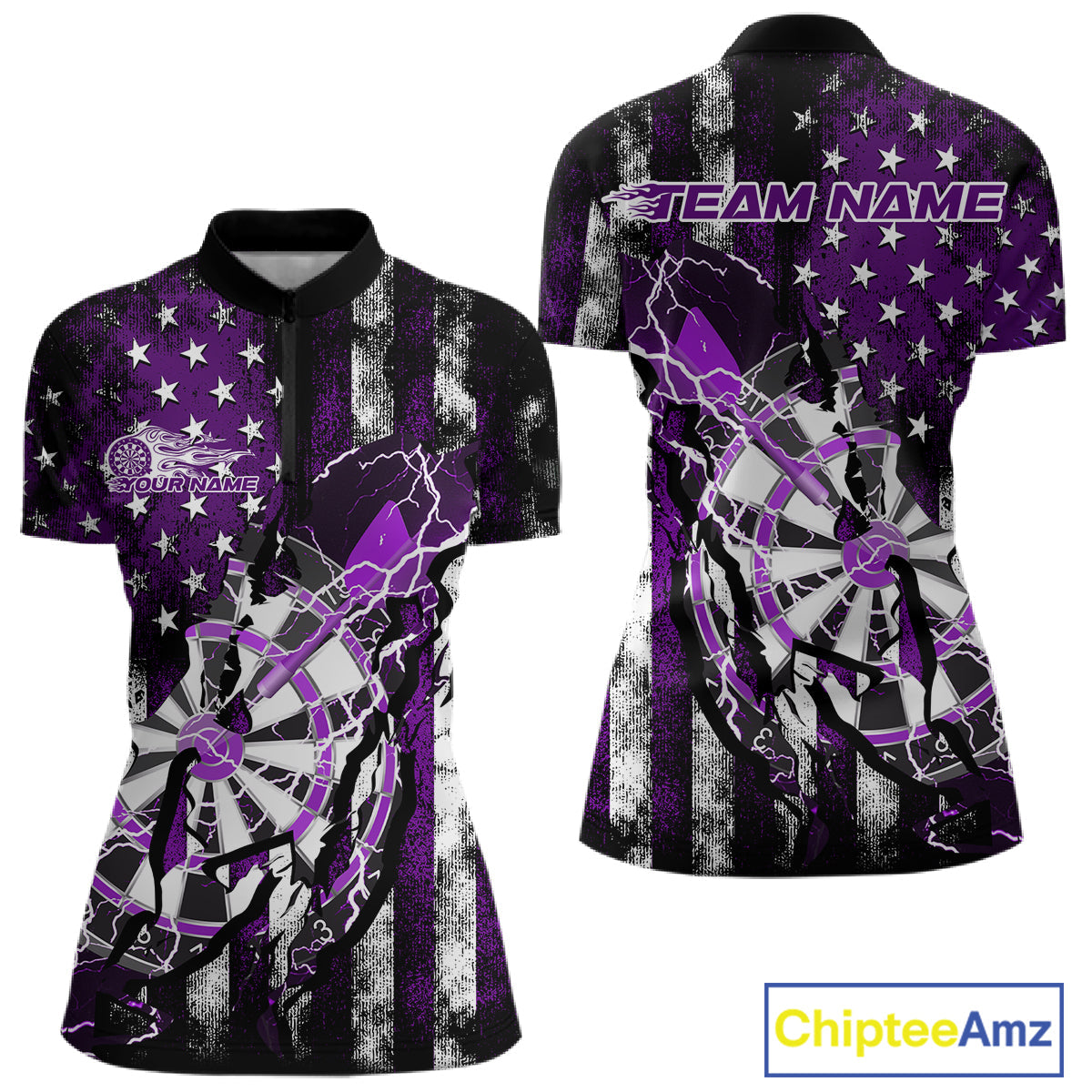 Custom Purple Thunder Lightning Patriotic Dart Team Women Quarter-Zip Shirt, Dart Jerseys IPHW9658