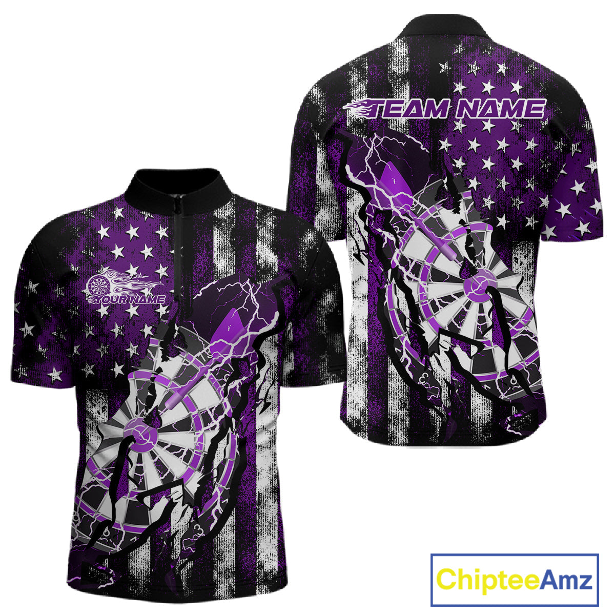Custom Purple Thunder Lightning Patriotic Dart Team Quarter-Zip Shirts For Men, Dart Jerseys IPHW9658