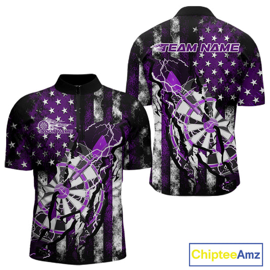 Custom Purple Thunder Lightning Patriotic Dart Team Quarter-Zip Shirts For Men, Dart Jerseys IPHW9658