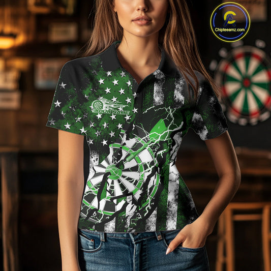 Custom Green Thunder Lightning Patriotic Dart Team Polo Shirts For Women, Dart Jerseys IPHW9659