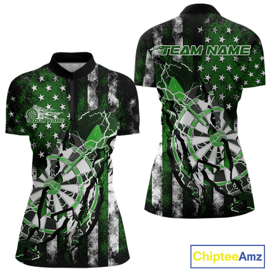 Custom Green Thunder Lightning Patriotic Dart Team Women Quarter-Zip Shirts, Dart Jerseys IPHW9659