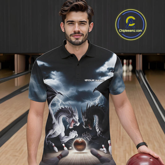 Custom Black And White Dragons Lightning Bowling Polo Shirts For Men, Bowling League Shirt IPHW9820