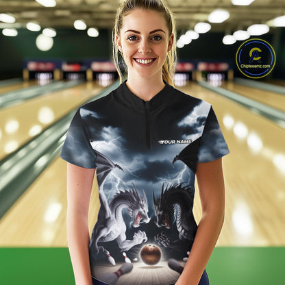 Custom Black And White Dragons Lightning Bowling Women Quarter-Zip Shirts IPHW9820
