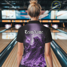 Load image into Gallery viewer, Custom Purple Flame Grim Reaper Bowling Women Polo Shirts, Halloween Bowling Team Outfit IPHW9468