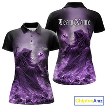 Load image into Gallery viewer, Custom Purple Flame Grim Reaper Bowling Women Polo Shirts, Halloween Bowling Team Outfit IPHW9468