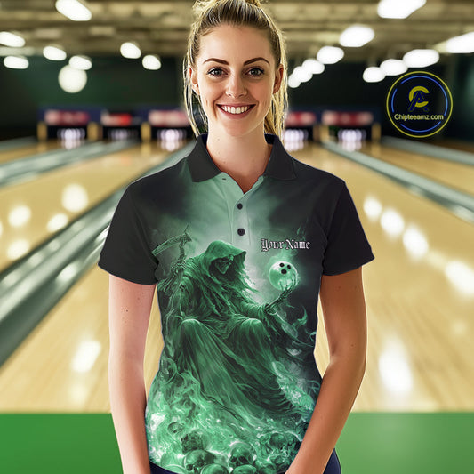 Custom Green Flame Grim Reaper Bowling Women Polo Shirts, Halloween Bowling Team Outfit IPHW9469