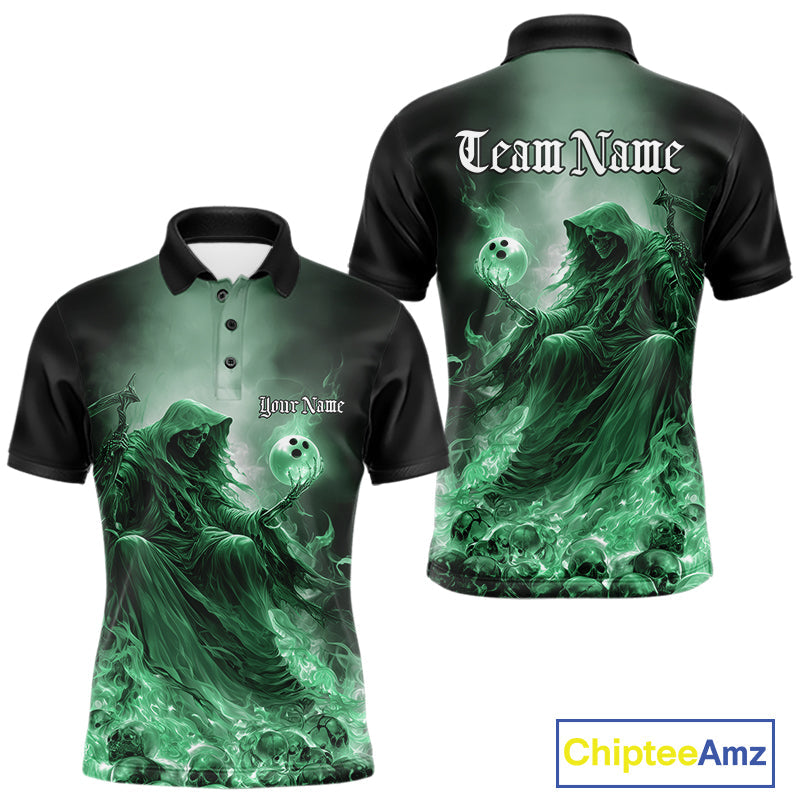 Custom Green Flame Grim Reaper Bowling Men Polo Shirts, Halloween Bowling Team Outfit IPHW9469