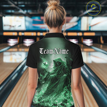 Load image into Gallery viewer, Custom Green Flame Grim Reaper Bowling Women Quarter-Zip Shirt, Halloween Bowling Outfit IPHW9469