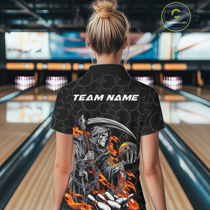 Custom Chaotic Flame Grim Reaper Bowling Women Polo Shirts, Halloween Bowling Team Shirt IPHW9473