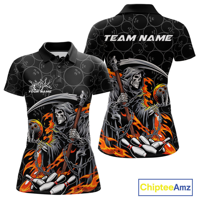 Custom Chatic Flame Grim Reaper Bowling Women Polo Shirts, Halloween Bowling Team Shirt IPHW9473