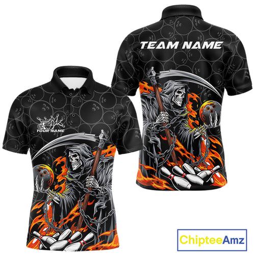Custom Chatic Flame Grim Reaper Bowling Polo Shirts For Men, Halloween Bowling Team Shirt IPHW9473