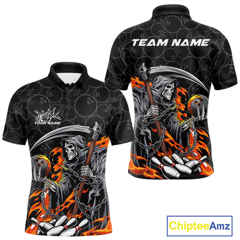 Custom Chatic Flame Grim Reaper Bowling Polo Shirts For Men, Halloween Bowling Team Shirt IPHW9473