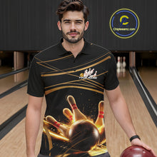 Load image into Gallery viewer, Custom Black And Gold Lane Glowing Bowling Ball And Pins Polo Team Shirts For Men IPHW9474