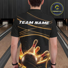 Load image into Gallery viewer, Custom Black And Gold Lane Glowing Bowling Ball And Pins Polo Team Shirts For Men IPHW9474