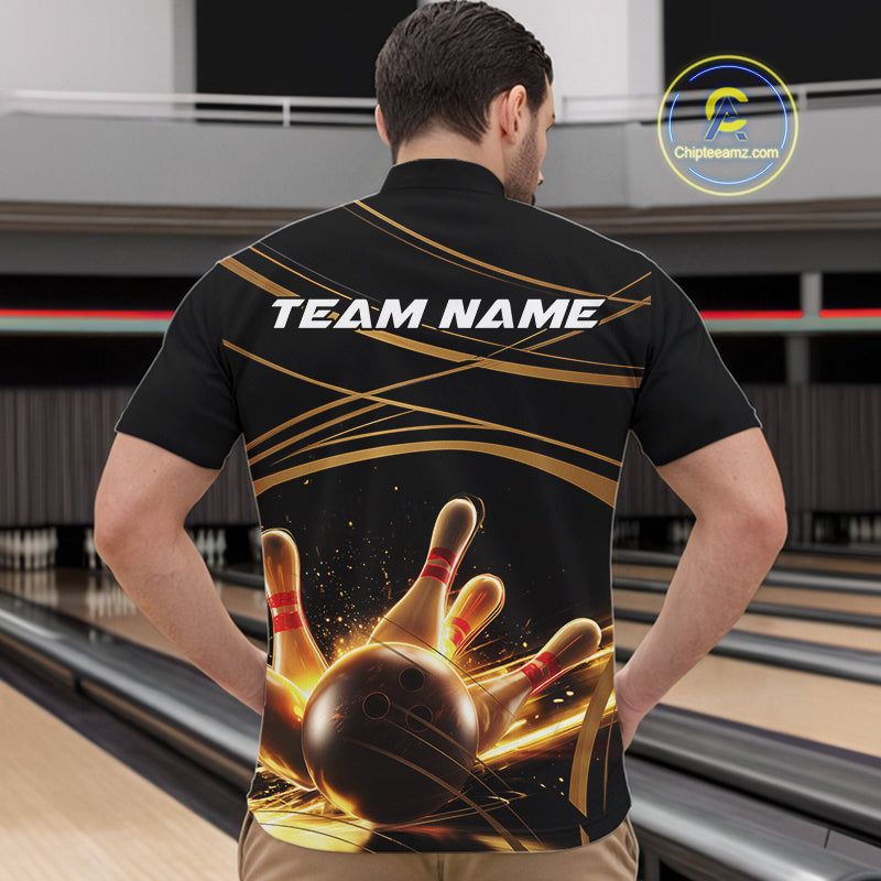 Custom Black And Gold Lane Glowing Bowling Ball And Pins Quarter-Zip Team Shirts For Men IPHW9474