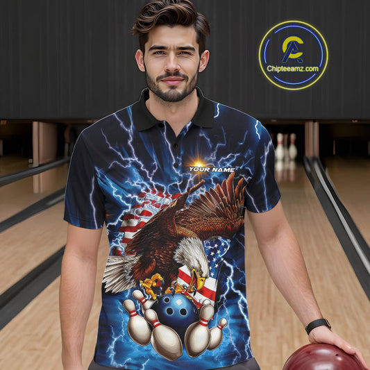 Custom Blue Lightning US Flag Eagle Bowling Team Polo Shirts For Men, Patriotic Bowling IPHW9477