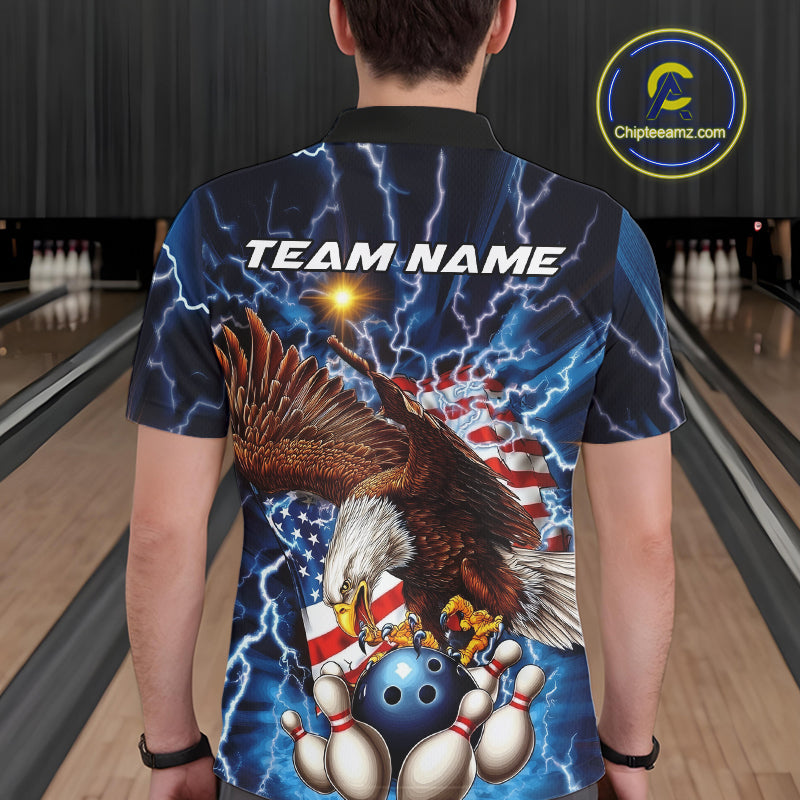 Custom Blue Lightning US Flag Eagle Bowling Team Polo Shirts For Men, Patriotic Bowling IPHW9477
