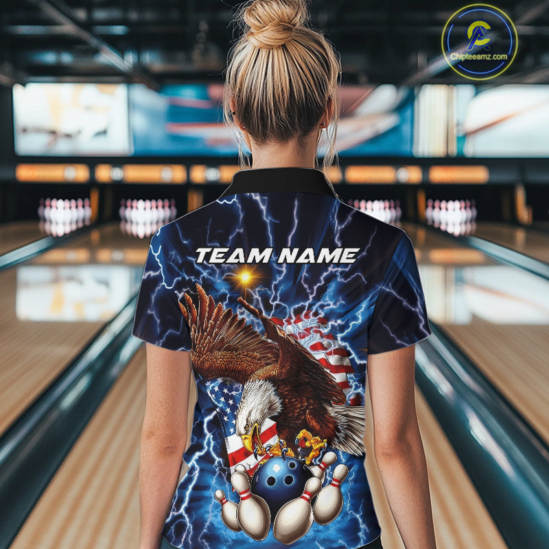 Custom Blue Lightning US Eagle Bowling Team Women Quarter-Zip Shirts, Patriotic Bowling IPHW9477