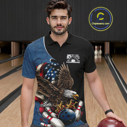 Custom American Flag Eagle Bowling Team Men Polo Shirts, Patriotic US Bowling League Shirt IPHW9478