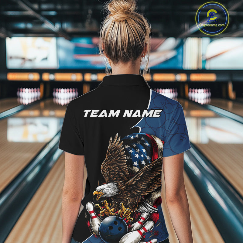 Custom American Eagle Bowling Women Quarter-Zip Shirt, Patriotic Bowling League Shirt IPHW9478