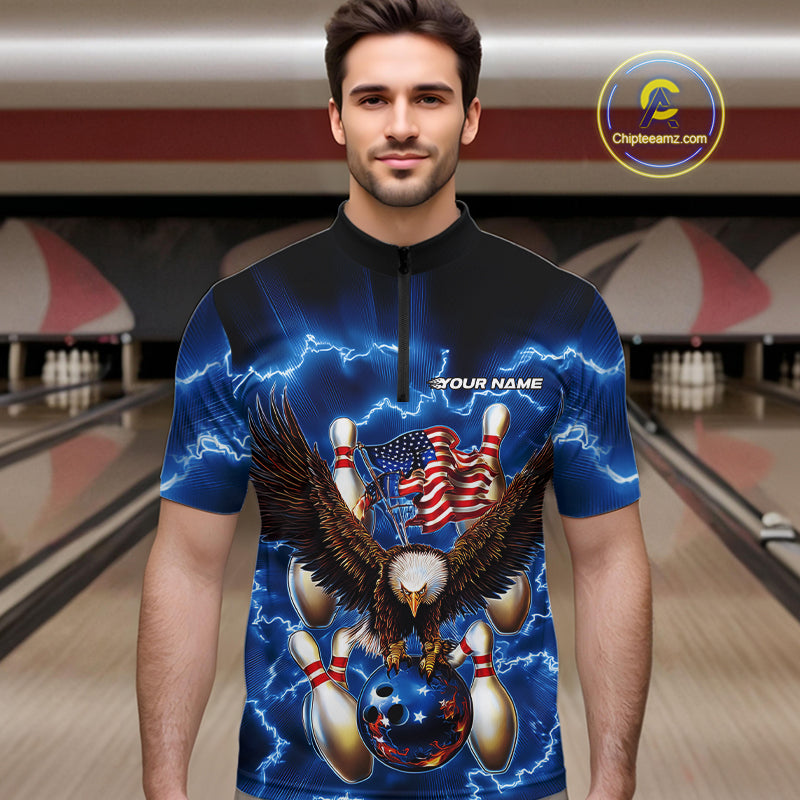 Custom Blue Lightning US Flag Eagle Bowling Team Quarter-Zip Shirts For Men, Patriotic Bowling IPHW9479