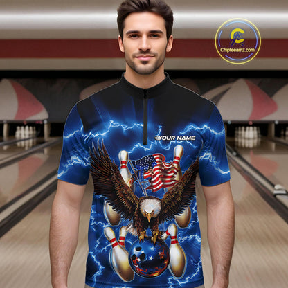 Custom Blue Lightning US Flag Eagle Bowling Team Quarter-Zip Shirts For Men, Patriotic Bowling IPHW9479