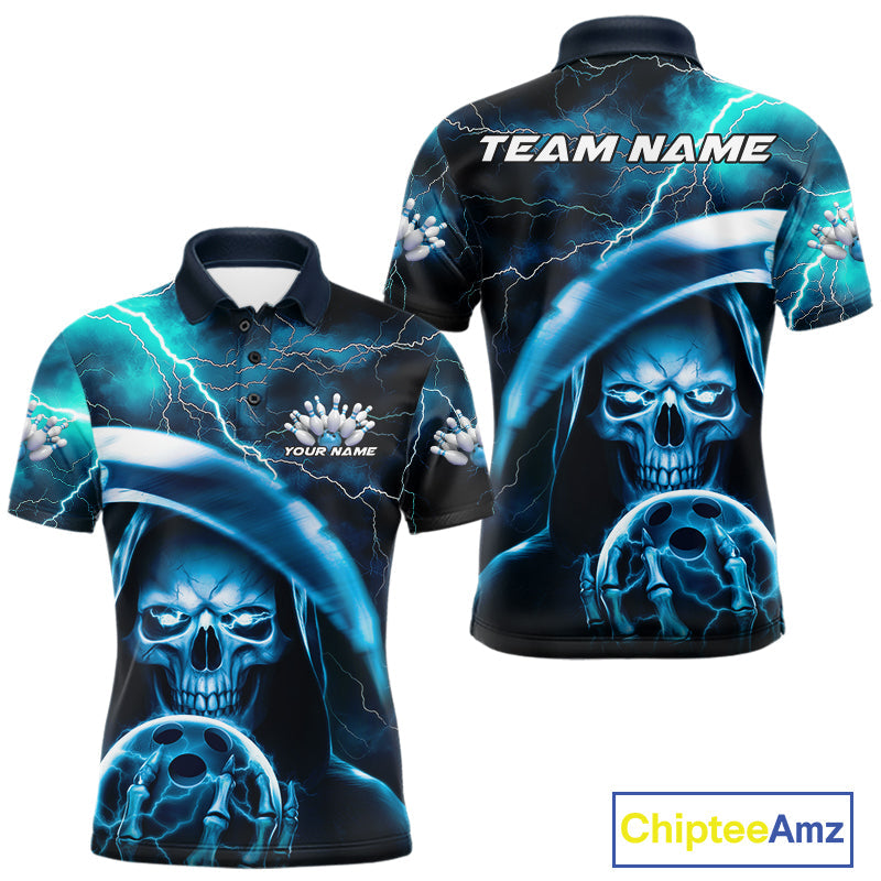 Custom Blue Thunder Lightning Grim Reaper Skull Halloween Bowling Polo Shirts For Men IPHW9851
