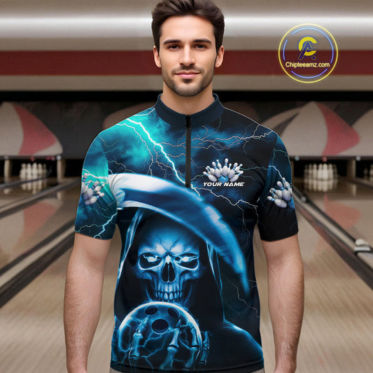 Custom Blue Thunder Lightning Grim Reaper Skull Halloween Bowling Quarter-Zip Shirts For Men IPHW9851