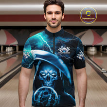 Load image into Gallery viewer, Custom Blue Thunder Lightning Grim Reaper Skull Halloween Bowling Quarter-Zip Shirts For Men IPHW9851