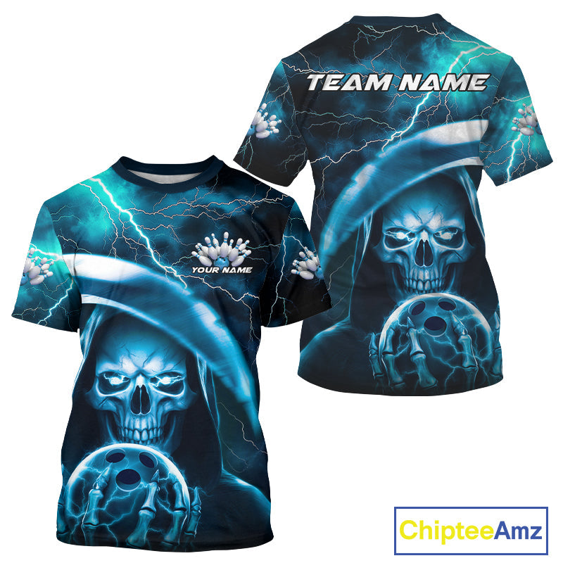 Custom Blue Thunder Lightning Grim Reaper Skull Halloween Bowling T-Shirts For Men IPHW9851