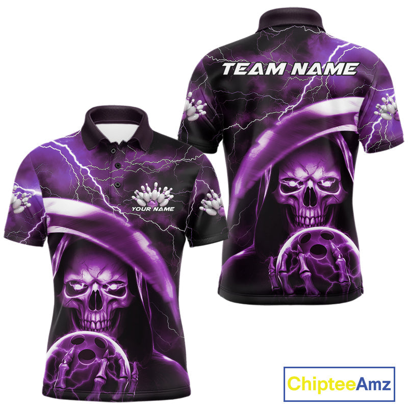 Custom Purple Thunder Lightning Grim Reaper Skull Halloween Bowling Polo Shirts For Men IPHW9853