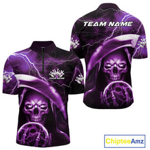 Load image into Gallery viewer, Custom Purple Thunder Lightning Grim Reaper Skull Halloween Bowling Quarter-Zip Shirts For Men IPHW9853