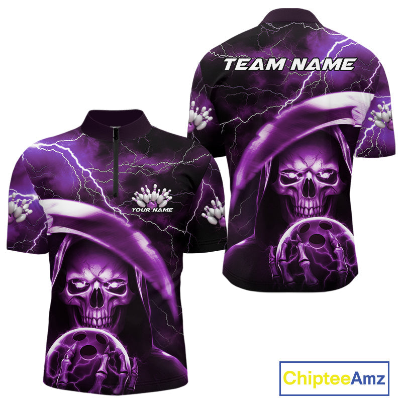 Custom Purple Thunder Lightning Grim Reaper Skull Halloween Bowling Quarter-Zip Shirts For Men IPHW9853