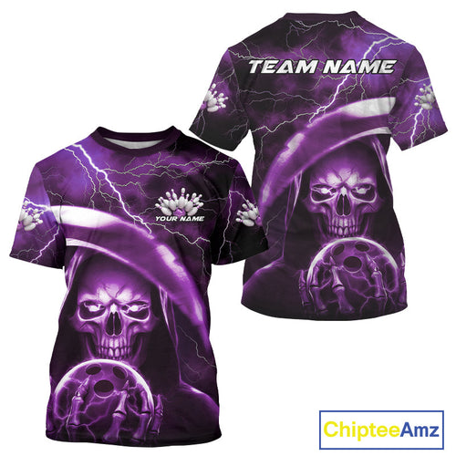 Custom Purple Thunder Lightning Grim Reaper Skull Halloween Bowling T-Shirts For Men IPHW9853