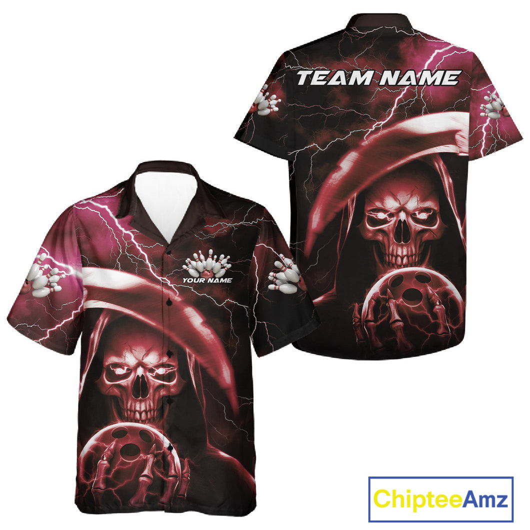 Custom Red Thunder Lightning Grim Reaper Skull Halloween Bowling Hawaiian Shirts For Men And Women IPHW9854