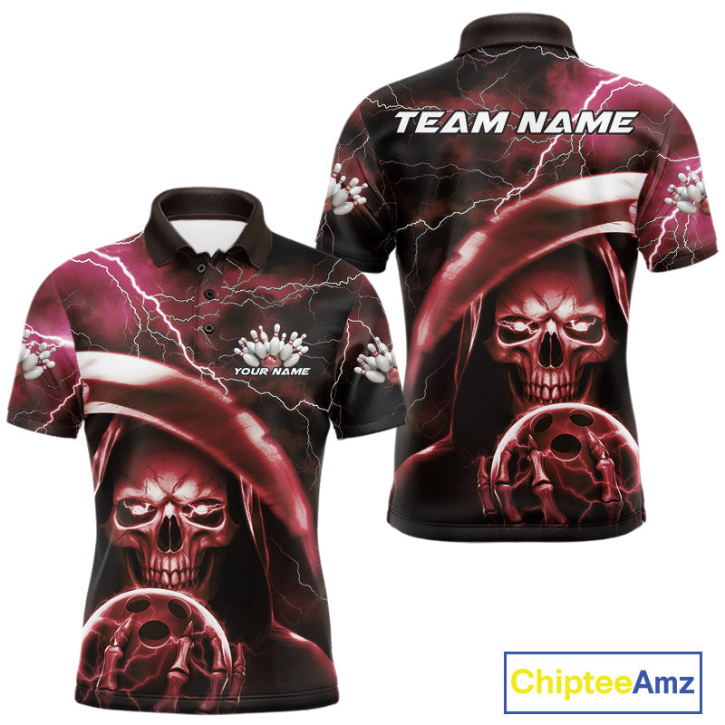 Custom Red Thunder Lightning Grim Reaper Skull Halloween Bowling Polo Shirts For Men IPHW9854