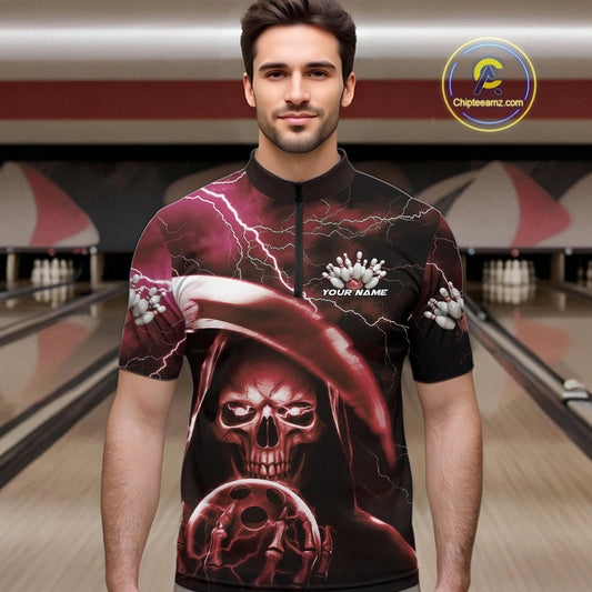 Custom Red Thunder Lightning Grim Reaper Skull Halloween Bowling Quarter-Zip Shirts For Men IPHW9854