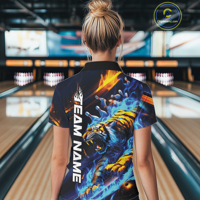 Custom Blue Fire Flame Tiger Bowling Team Polo Shirts For Women, Tiger Bowling Jerseys IPHW9482