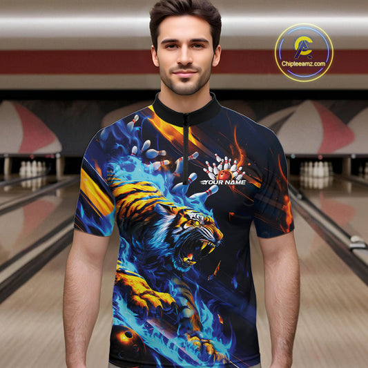 Custom Blue Fire Flame Tiger Bowling Team Quarter-Zip Shirts For Men, Tiger Bowling Jerseys IPHW9482