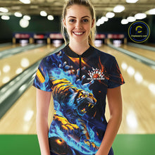 Load image into Gallery viewer, Custom Blue Fire Flame Tiger Bowling Team Women Quarter-Zip Shirts, Tiger Bowling Jerseys IPHW9482