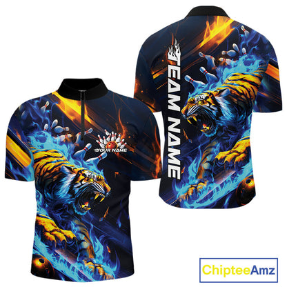 Custom Blue Fire Flame Tiger Bowling Team Quarter-Zip Shirts For Men, Tiger Bowling Jerseys IPHW9482