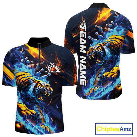 Custom Blue Fire Flame Tiger Bowling Team Quarter-Zip Shirts For Men, Tiger Bowling Jerseys IPHW9482