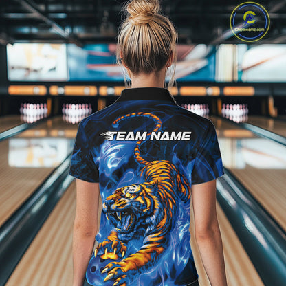 Custom Blue Fire Flame Tiger Bowling Team Women Quarter-Zip Shirts, Tiger Bowling Jerseys IPHW9486