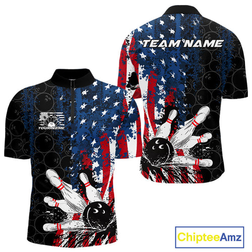 Custom Grunge Vintage American Flag Patriotic Bowling Team Jerseys, Bowling Men Quarter-Zip Shirt IPHW9489